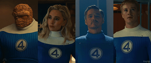 A Group Of People Wearing Blue Sweaters With The Number Four On Them GIF