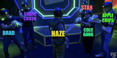 A Group Of People Wearing Glow In The Dark Helmets Playing Laser Tag GIF