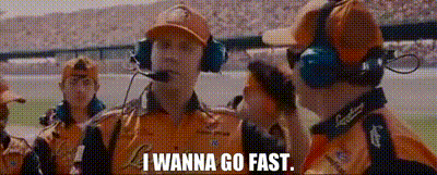 A Group Of People Wearing Headphones Are Standing On A Race Track And One Of Them Is Saying `` I Wanna Go Fast '' GIF