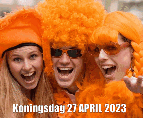 A Group Of People Wearing Orange Wigs And Sunglasses With Konningsdag 27 April 2023 Written Below Them GIF