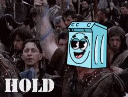 A Group Of People With A Cartoon Washing Machine On Their Head And The Word Hold Below GIF