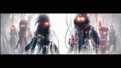 A Group Of People With Glowing Red Eyes Are Standing Next To Each Other On A White Background GIF