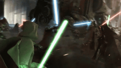 A Group Of People With Green Lightsabers In A Dark Room GIF