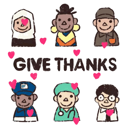 A Group Of People With Hearts On Their Faces And The Words Give Thanks Above Them Sticker