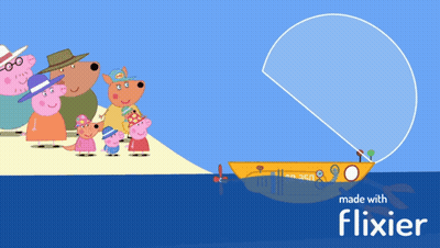 A Group Of Peppa Pig Characters Are Standing On A Beach Next To A Boat Made By Flixier GIF