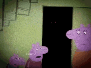 A Group Of Peppa Pigs Are Standing In Front Of A Door . GIF