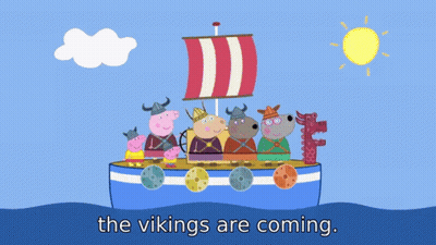 A Group Of Pigs Dressed As Vikings Are Standing On A Boat With The Words " The Vikings Are Coming " Below Them GIF