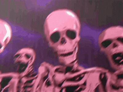 A Group Of Pink Skeletons Are Dancing In A Dark Room With A Purple Background . GIF