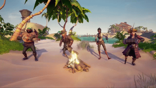 A Group Of Pirate Characters Standing Around A Fire GIF