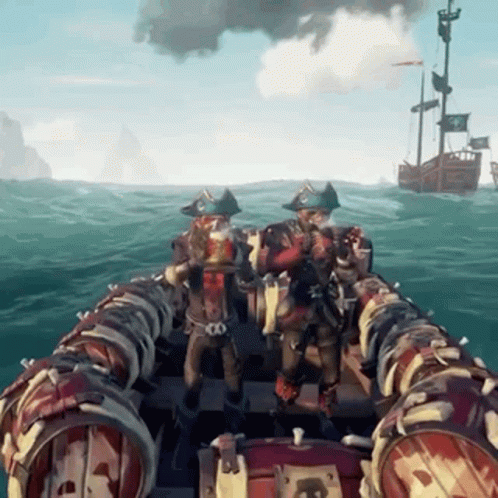 A Group Of Pirates Are On A Boat In The Ocean GIF