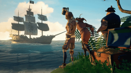 A Group Of Pirates Are Standing On A Small Island Looking At A Large Ship In The Ocean GIF