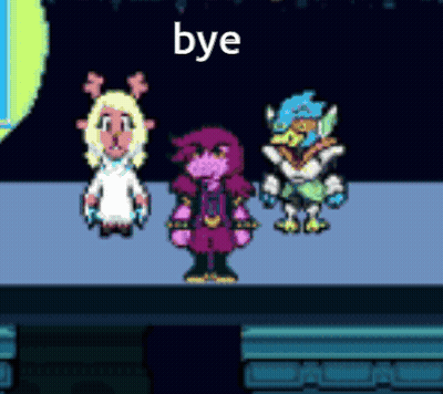 A Group Of Pixel Art Characters Standing Next To Each Other With The Word Bye In The Middle . GIF