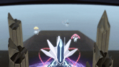 A Group Of Pokemon Are Flying Around A Huge Statue GIF