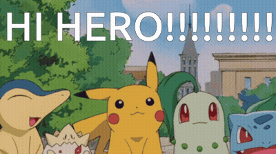 A Group Of Pokemon Standing Next To Each Other With The Words Hi Hero Written On The Bottom GIF
