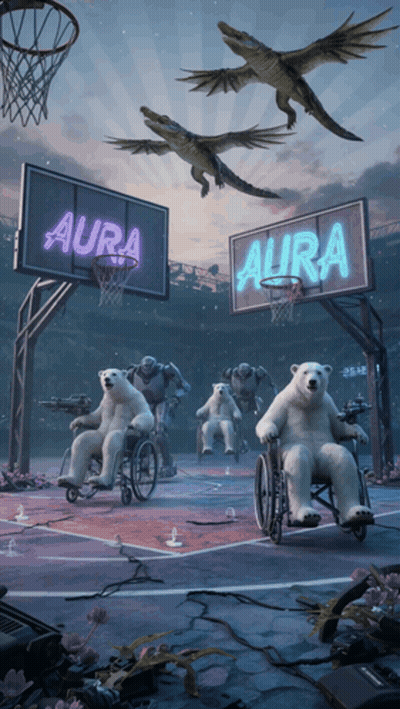 A Group Of Polar Bears Are Playing Basketball Under A Sign That Says Aura GIF