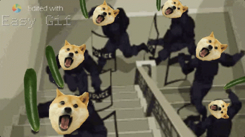 A Group Of Police Officers Are Being Attacked By A Bunch Of Doge Heads GIF