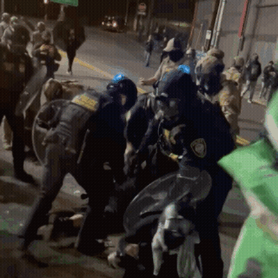 A Group Of Police Officers Are Fighting A Protester GIF