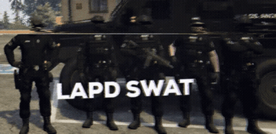 A Group Of Police Officers Standing In Front Of A Vehicle That Says Lapd Swat On It GIF