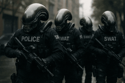 A Group Of Police Officers Wearing Helmets And Holding Guns GIF