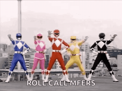 A Group Of Power Rangers Are Standing Next To Each Other In A Row . GIF