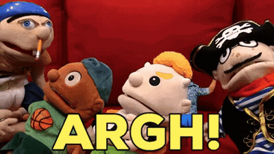 A Group Of Puppets Are Sitting On A Red Couch And The Word Argh Is Written In Yellow Letters GIF