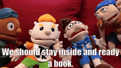 A Group Of Puppets Are Sitting On A Red Couch With The Words We Should Stay Inside And Ready A Book GIF