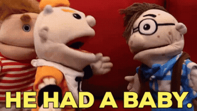 A Group Of Puppets Are Standing Next To Each Other With The Words He Had A Baby Written In Yellow GIF
