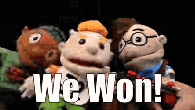 A Group Of Puppets Standing Next To Each Other With The Words We Won Written On The Bottom GIF