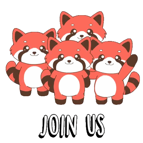 A Group Of Red Pandas Standing Next To Each Other With The Words " Join Us " Below Them Sticker