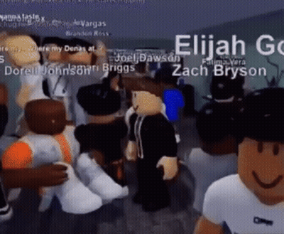 A Group Of Roblox Characters Are Standing In A Room With The Name Elijah Written On The Bottom . GIF