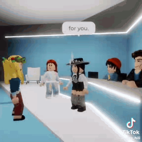 A Group Of Roblox Characters Are Standing Next To Each Other In A Room With A Sign That Says `` For You '' . GIF
