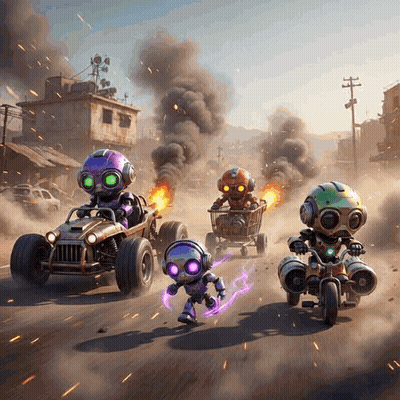 A Group Of Robots Are Driving Cars And Motorcycles On A Dirt Road GIF