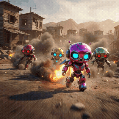 A Group Of Robots Are Running Through A Destroyed City GIF