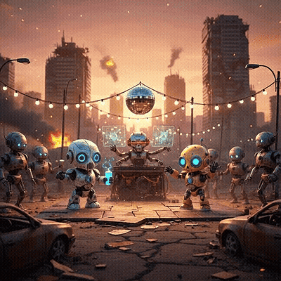 A Group Of Robots Are Standing Around A Disco Ball In A City GIF