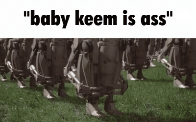 A Group Of Robots Are Walking In A Field With The Words " Baby Keem Is Ass " On The Bottom . GIF