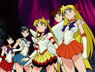 A Group Of Sailor Moon Characters Are Standing Together GIF