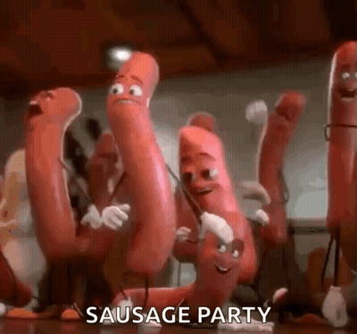 A Group Of Sausages Are Dancing In A Room With The Words Sausage Party In The Background . GIF