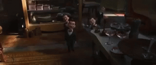 A Group Of Scary Dolls In Tuxedos Are Standing In A Room . GIF
