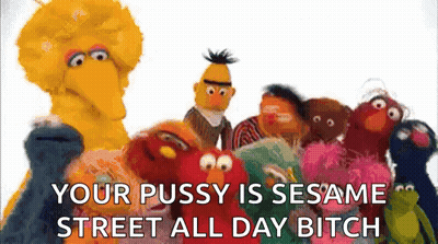 A Group Of Sesame Street Characters Standing Next To Each Other With The Words `` Your Pussy Is Sesame Street All Day Bi GIF