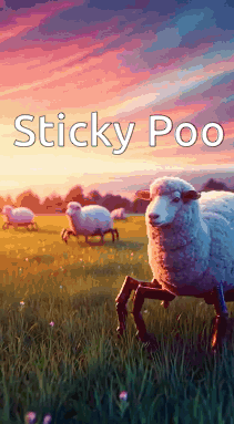 A Group Of Sheep Are Standing In A Field With The Words Sticky Poo On The Bottom GIF