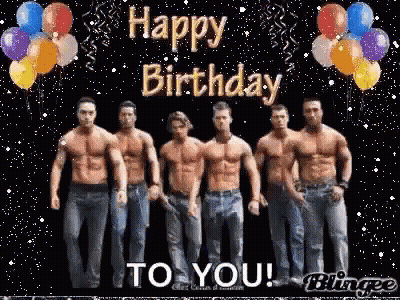 A Group Of Shirtless Men Are Standing Next To Each Other With Balloons And The Words Happy Birthday To You GIF