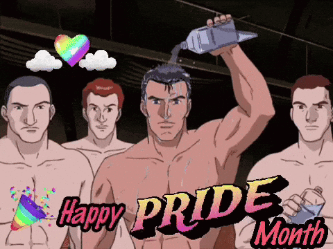 A Group Of Shirtless Men Standing Next To Each Other With The Words " Happy Pride Month " GIF