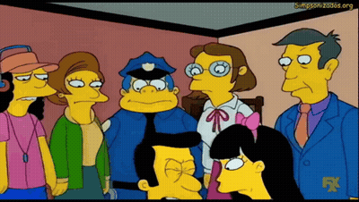 A Group Of Simpsons Characters Are Gathered Around A Man In A Police Uniform GIF