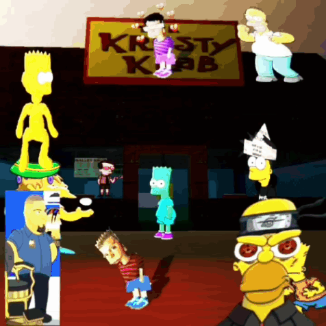 A Group Of Simpsons Characters Standing In Front Of A Sign That Says Kristy Krab GIF