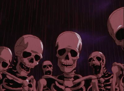 A Group Of Skeletons Are Standing In A Dark Room GIF