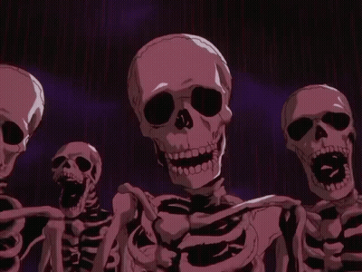 A Group Of Skeletons Are Standing Next To Each Other In A Dark Room GIF
