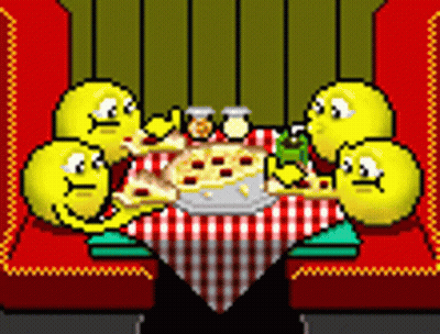A Group Of Smiley Faces Are Sitting Around A Table With Pizza GIF