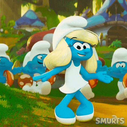 A Group Of Smurfs Are Dancing In A Field GIF