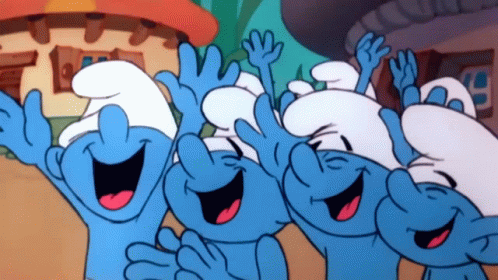 A Group Of Smurfs Are Laughing And Waving Their Arms In The Air GIF