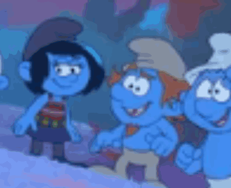 A Group Of Smurfs Are Standing Next To Each Other In A Cartoon . GIF